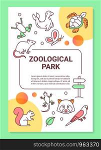 Zoological park poster template layout. Wildlife. Zoo and oceanarium animals. Banner, booklet, leaflet print design with linear icons. Vector brochure page layouts for magazines, advertising flyers