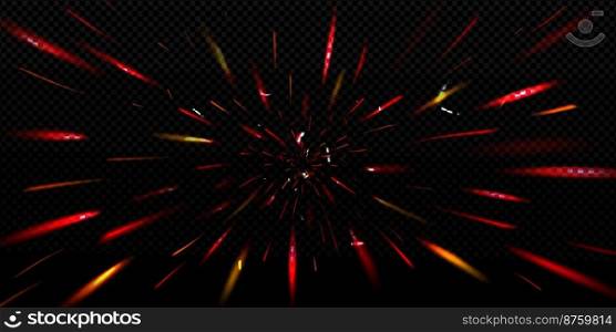 Zoom effect with red neon sparks speed motion from center. Abstract background with energy burst, explosion with fire sparkles radial movement, vector realistic overlay illustration. Zoom effect with red neon sparks speed motion