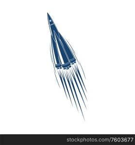 Zooming rocket with fiery motion trails isolated. Vector turbo boost, blue aerospace in flight. Aerospace turbo rocket in motion