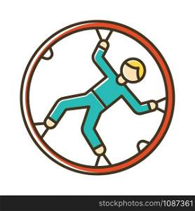 Zorbing color icon. Globe-riding, orbing. Person in transparent non-harnessed orb. Human rolling inside giant sphere. Extreme sport. Isolated vector illustration
