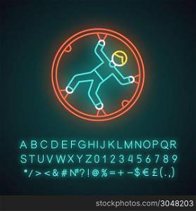 Zorbing neon light icon. Globe-riding, orbing. Person in transparent orb. Human rolling inside giant sphere. Glowing sign with alphabet, numbers and symbols. Vector isolated illustration