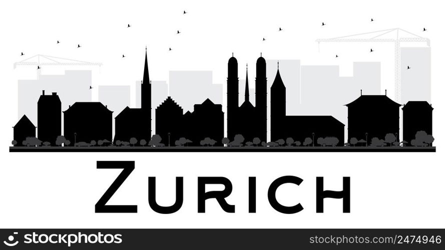 Zurich City skyline black and white silhouette. Vector illustration. Simple flat concept for tourism presentation, banner, placard or web site. Business travel concept. Cityscape with landmarks