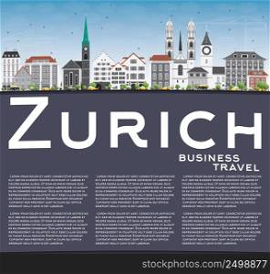 Zurich Skyline with Gray Buildings, Blue Sky and Copy Space. Vector Illustration. Business Travel and Tourism Concept with Zurich Historic Buildings. Image for Presentation Banner Placard and Web.