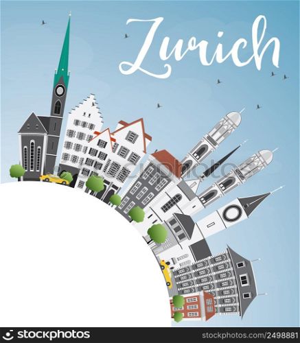 Zurich Skyline with Gray Buildings, Blue Sky and Copy Space. Vector Illustration. Business Travel and Tourism Concept with Zurich Historic Buildings. Image for Presentation Banner Placard and Web.