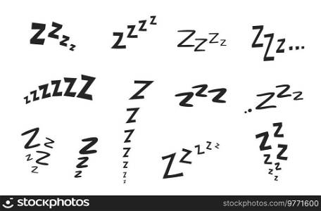 Zzz Zzzz bed sleep snore icons and snooze nap Z sound vector symbols. Sleepy yawn or alarm clock Zzz doodle line icons of insomnia sleeper and goodnight deep sleep, snore and snooze expressions. Zzz Zzzz bed sleep snore icons, snooze nap Z sound