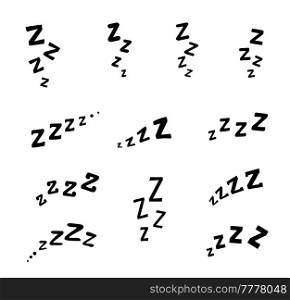 ZZZ, ZZZZ doodle bed sleep snore icons. Vector signs of nap, rest, dream or relax sound, comic book text sound effects with ZZZ lettering, apnea snoring, sleep, dream, nap or slumber isolated symbol. ZZZ, ZZZZ doodle bed sleep snore icons